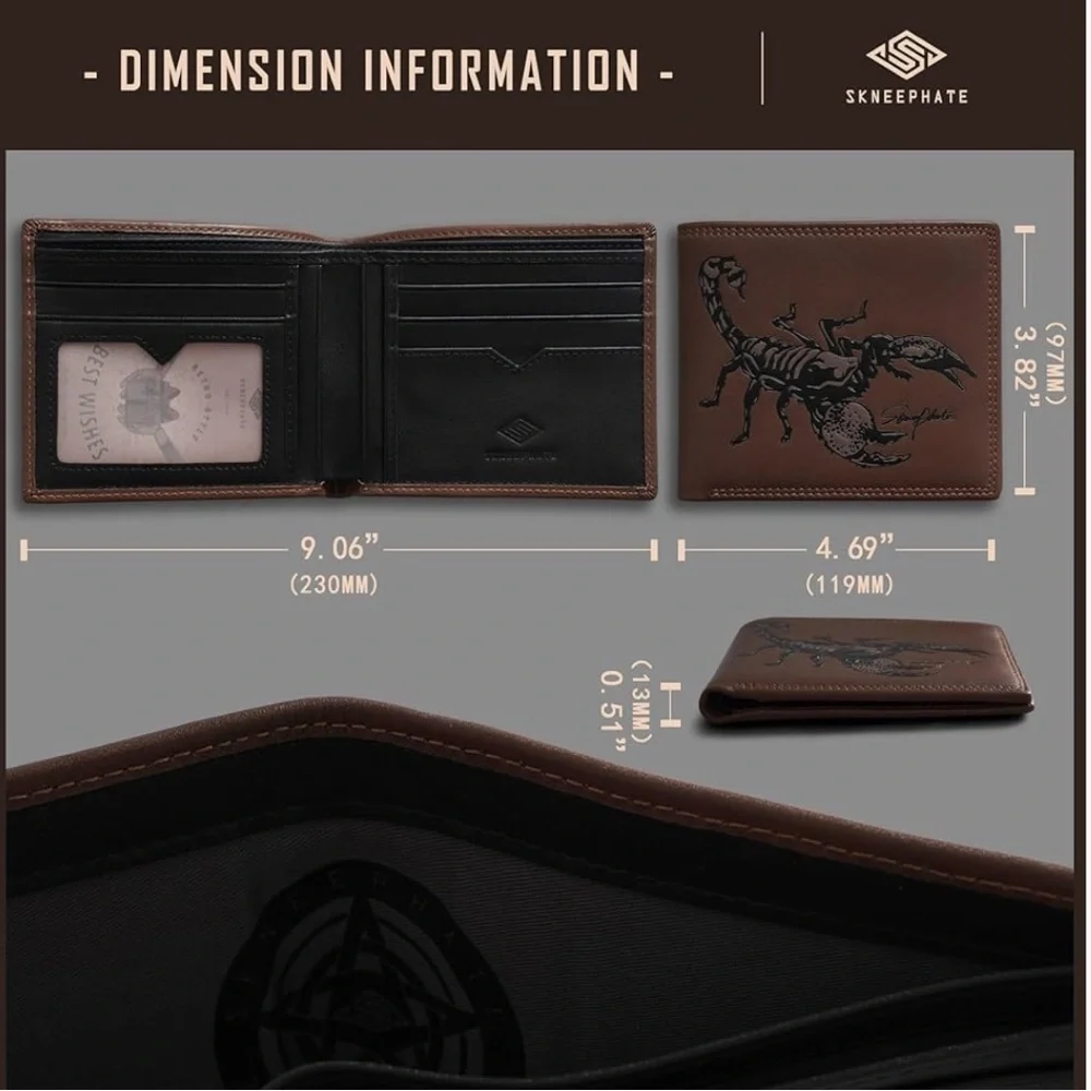 NEW $33 skneephate 100% Genuine Leather Men's Bifold Scorpion Wallet in 'coffee'